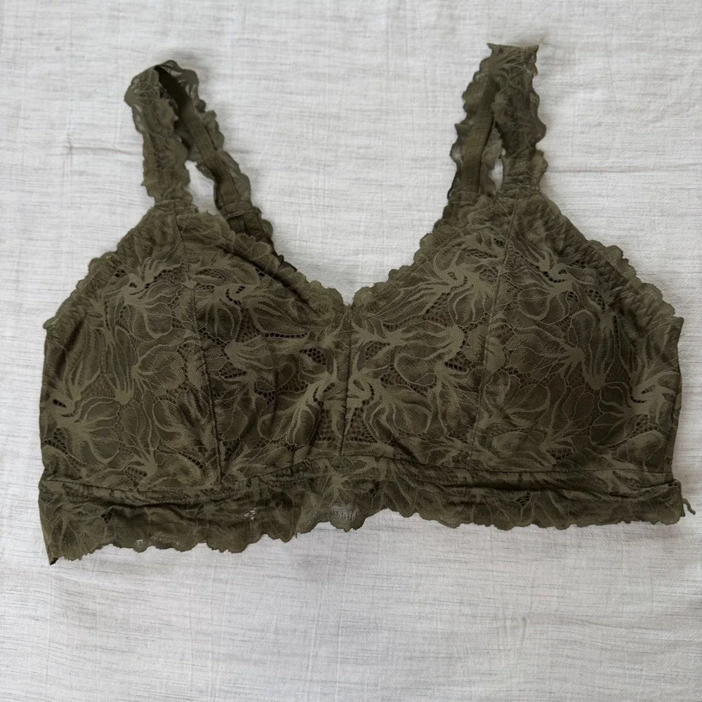 Maurices Women 1X Olive Green Lace Bralette G2107 Crisscross Back Boho Plus Size